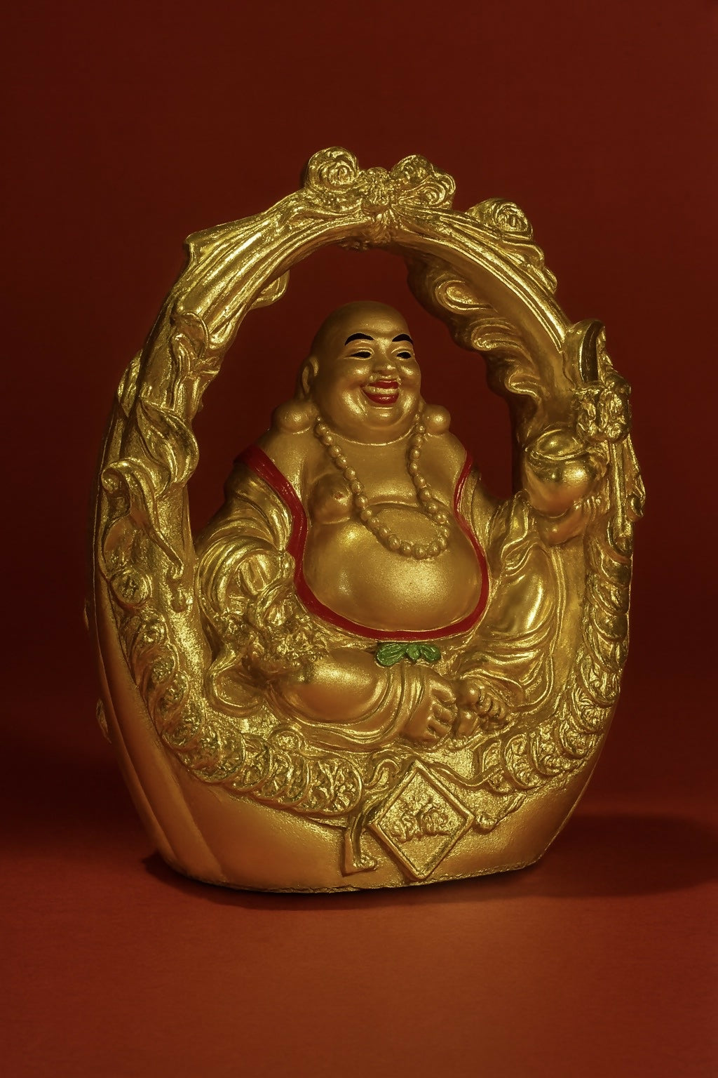 Golden Laughing Buddha Idol in Ornate Arch Frame | Lucky Buddha Statue