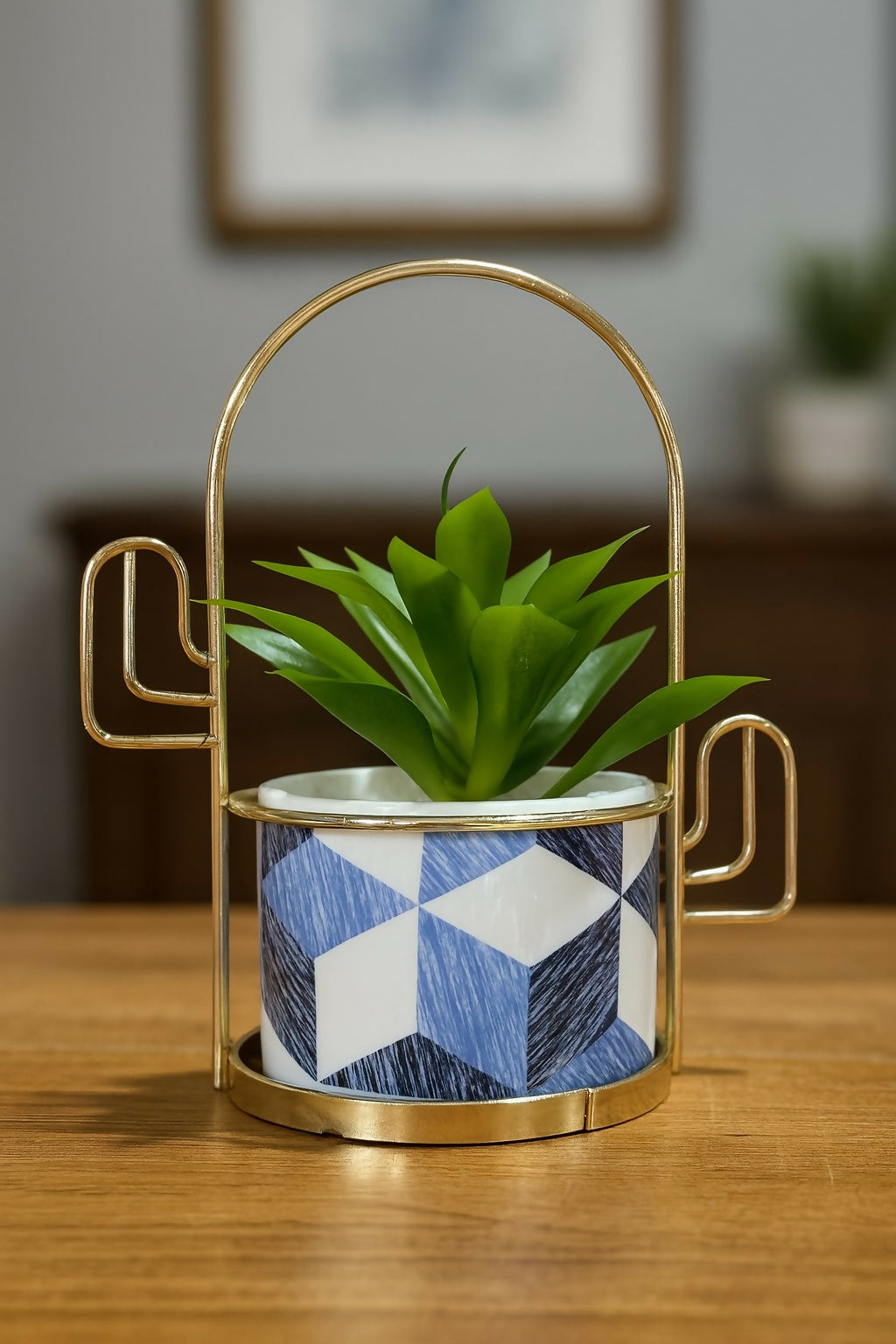 Geometric Pattern Ceramic Planter with Artificial Plant and Golden Metal Stand – Indoor Tabletop Home Decor Pot for Living Room, Office, and Gifting
