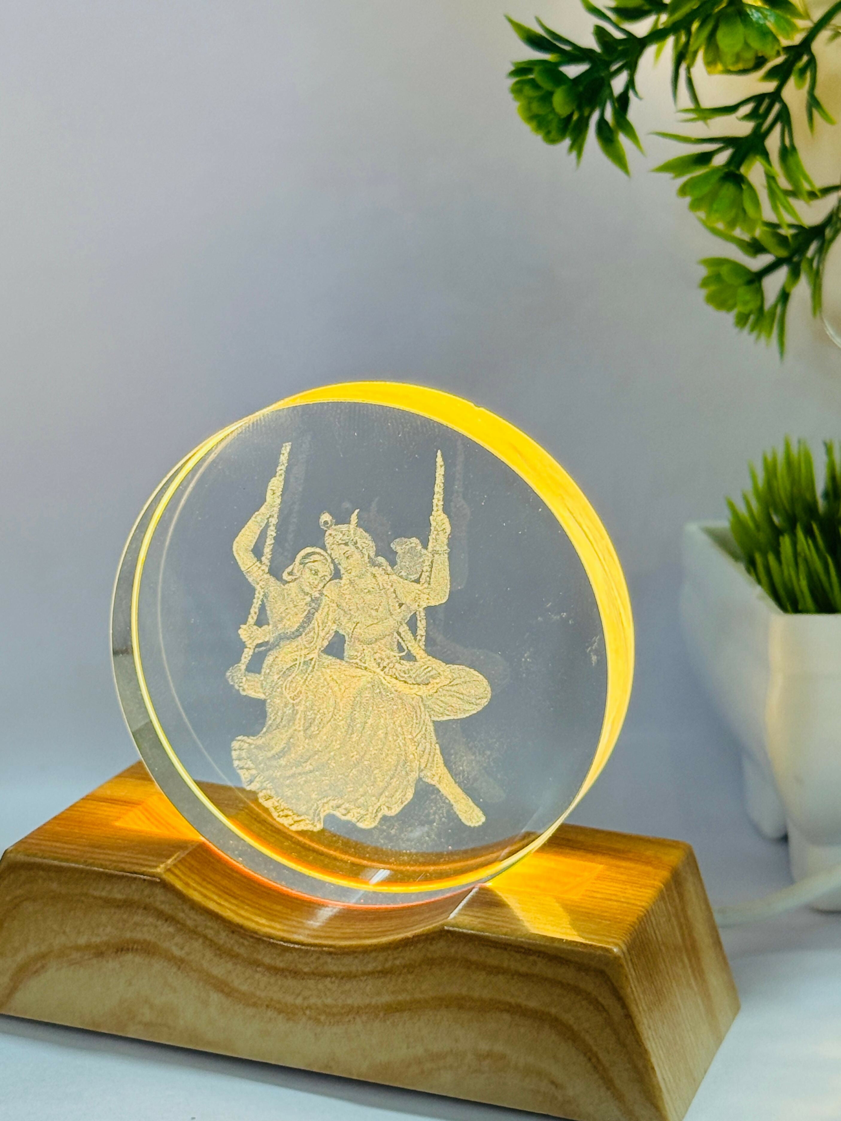 Radha Krishna Swing 3D LED Night Lamp with Wooden Base | Laser Engraved Acrylic Light for Home Temple, Spiritual Decor & Festive Gifting | Romantic Glow Mood Lamp for Bedroom & Living Room