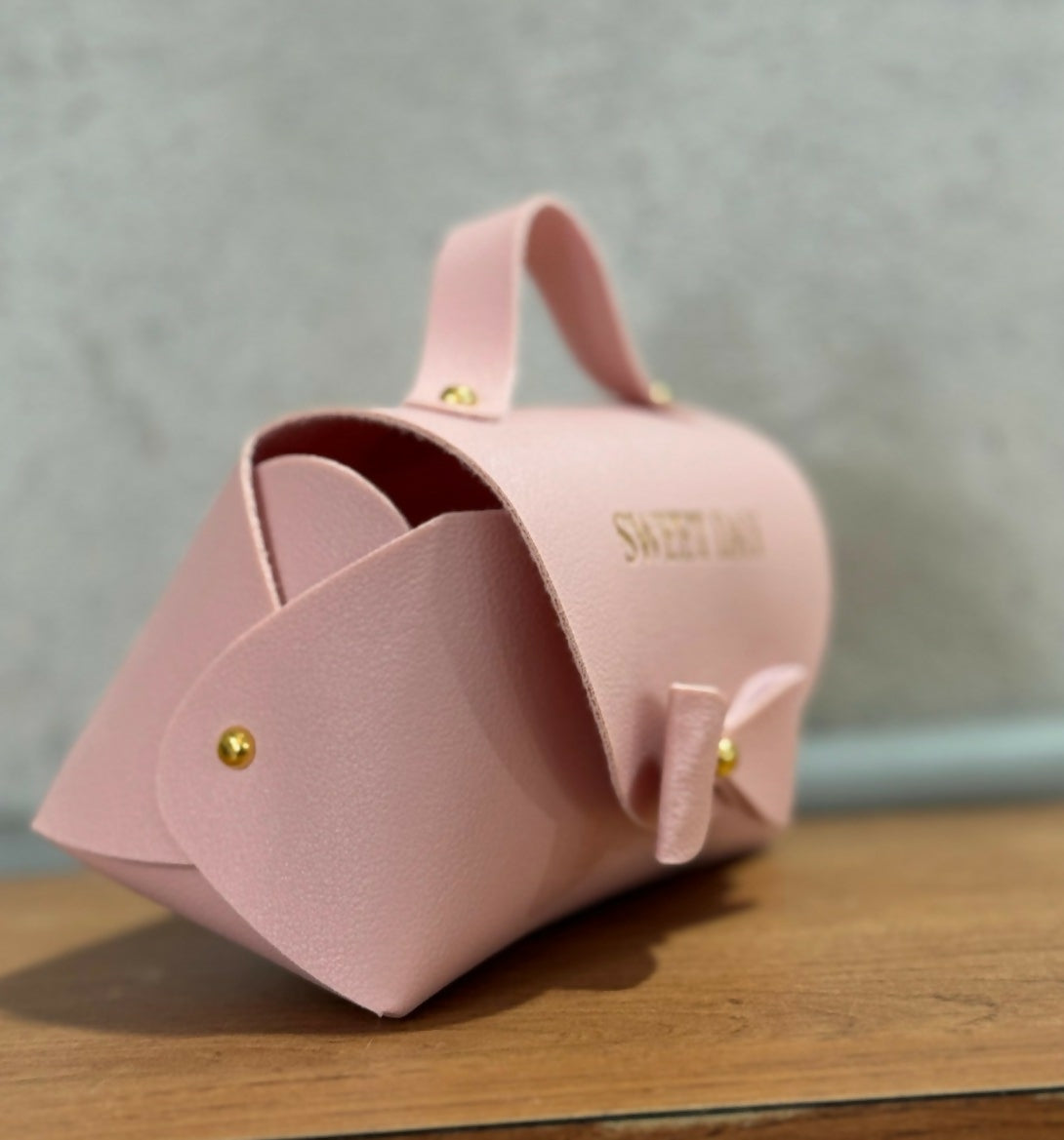 Cute Pink PU Leather Mini Handbag with Bow and "SWEET DAY" Print | Small Gift Pouch for Girls, Women | Jewelry Storage Box, Candy Bag, Return Gift for Birthday & Events