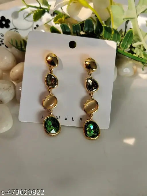 Gold Plated Partywear Long Tassel Earrings with Different colour stones