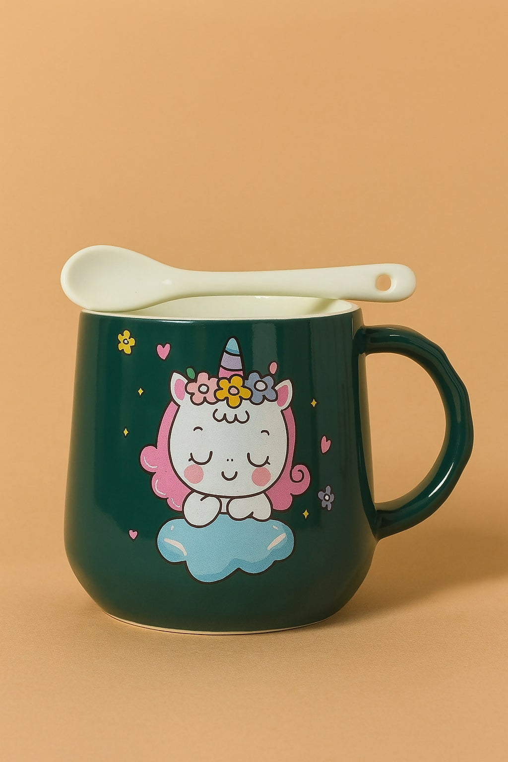 Unicorn Cartoon Ceramic Mug Set of 2 with Spoons – Cute Multicolor Gift Set for Kids & Couples – Adorable Pink and Green Coffee Mugs with 3D Unicorn Prints – Perfect for Birthday, Return Gift or Friendship Gift