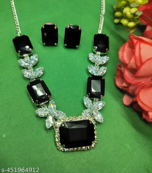 AD Stone Nacklace Earring Chocker Set With Black Stone