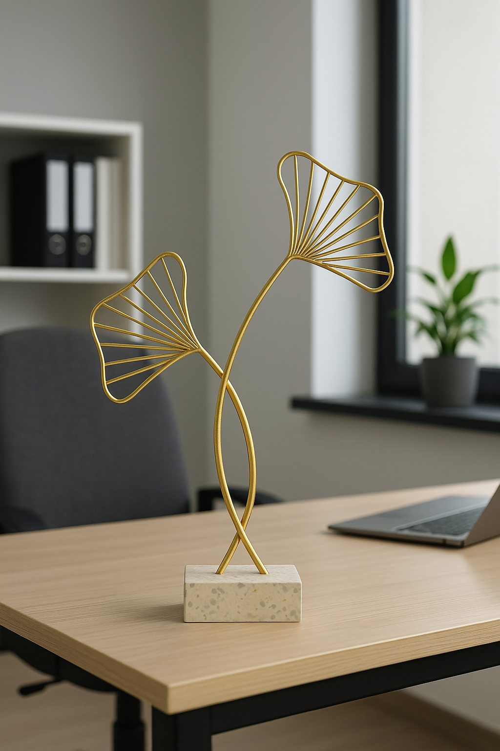HOME DECOR Minimalist Golden Wire Leaf Table Decor – Modern Metal Sculpture with Stone Base