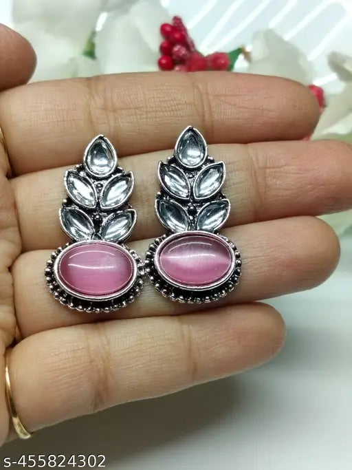 Leaf Shaped Earrings With Pink Stones and Artificial Diamonds