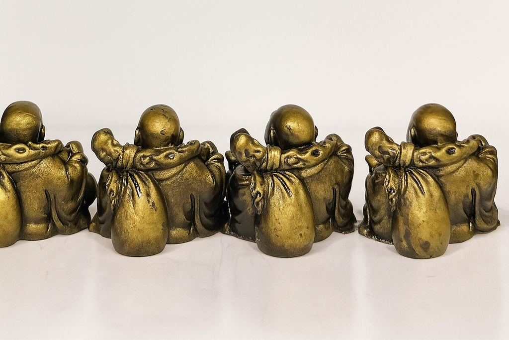 Set of 4 Laughing Buddha Statues for Good Luck and Prosperity – Antique Gold Finish Feng Shui Idols for Home, Office, Gift & Decor – Wealth and Happiness Figurines