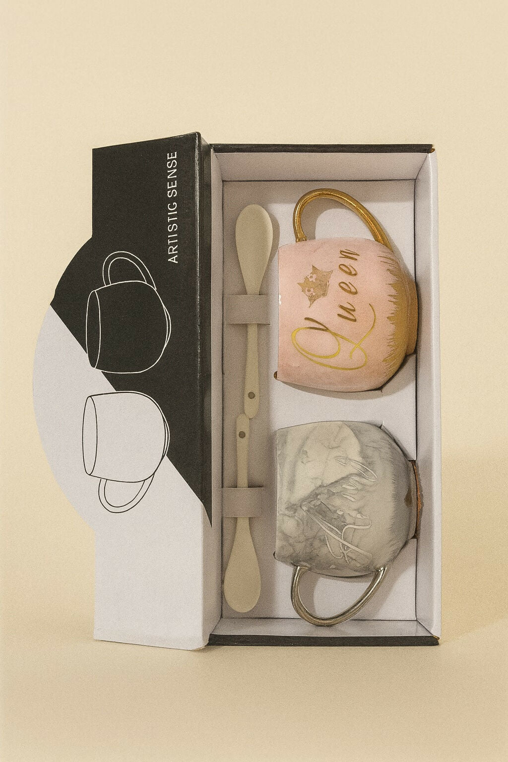 Luxury Marble King & Queen Couple Ceramic Mug Set with Golden Handles & Spoons – Grey & Pink Coffee Cups with Crown Print – Anniversary, Wedding, Engagement, Valentine’s Day & Birthday Gift for Couples (2 Pieces)