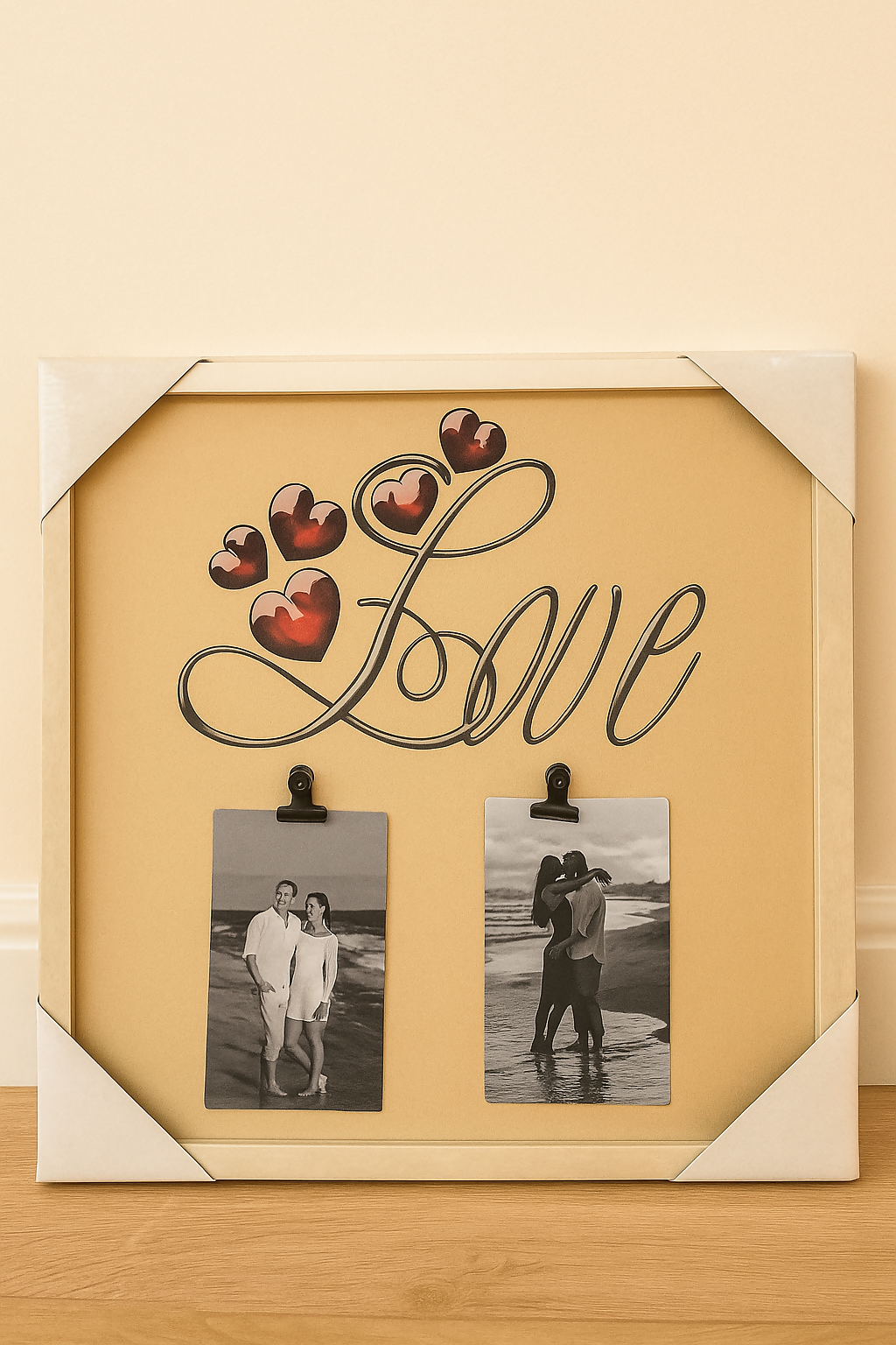 Love Theme Wall Hanging Photo Frame – Romantic Wooden Picture Display Board with Heart Design and Metal Clips for 2 Photos – Perfect Gift for Couples, Anniversaries, Valentine's Day & Home Décor