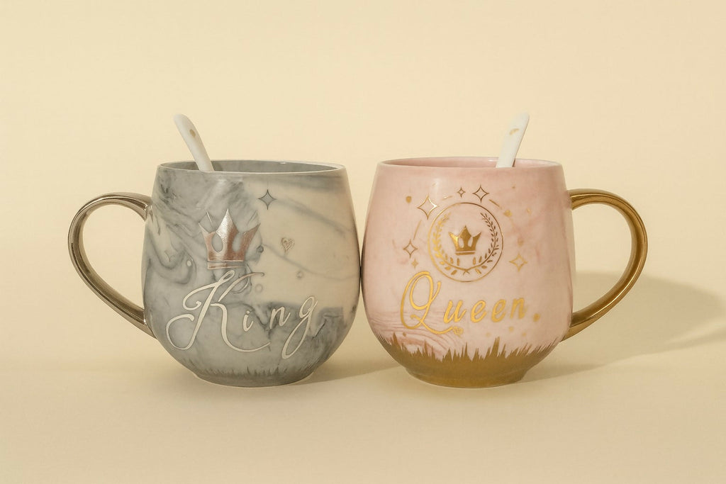 Luxury Marble King & Queen Couple Ceramic Mug Set with Golden Handles & Spoons – Grey & Pink Coffee Cups with Crown Print – Anniversary, Wedding, Engagement, Valentine’s Day & Birthday Gift for Couples (2 Pieces)