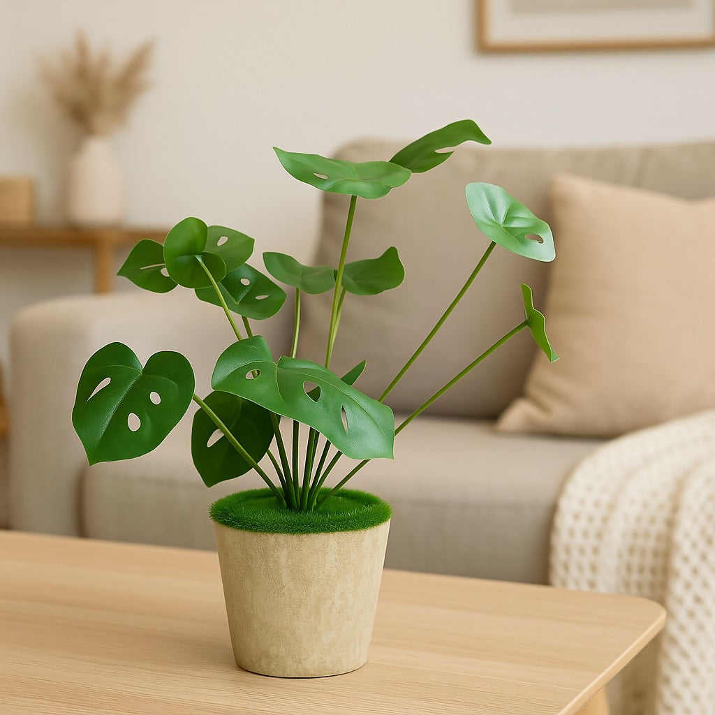 Artificial Monstera Leaf Plant with Beige Velvet Pot – Decorative Faux Swiss Cheese Plant for Home and Office Tabletop Décor