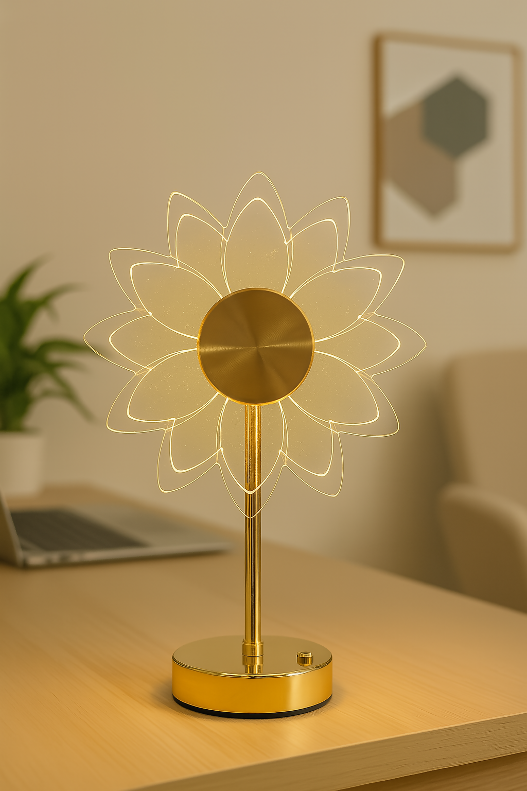 HOME DECOR Modern Golden Acrylic Sunflower LED Table Lamp for Home Decor | Decorative Rechargeable Desk Light with Touch Control | Elegant Night Lamp for Bedroom, Living Room & Office