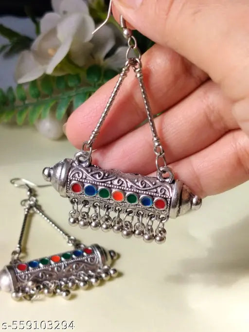Oxidised Silverplated Long Jumka style Erring With Multicolored Stones