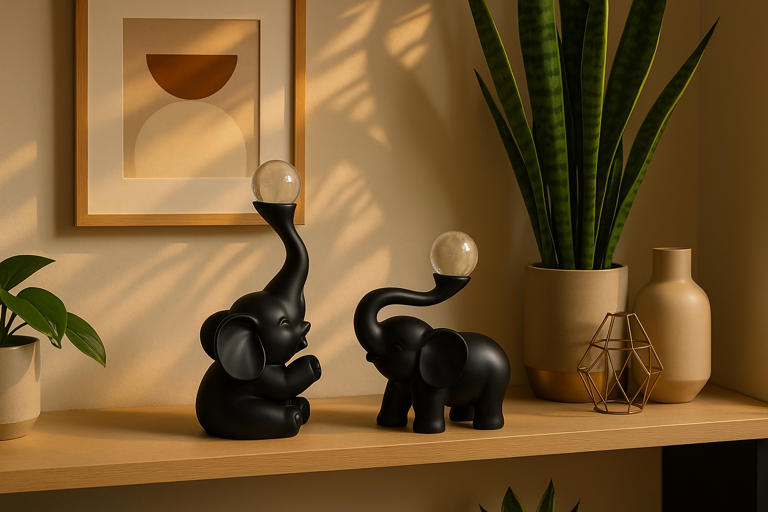 HOME DECOR Elegant Black Resin Elephant Showpiece Set with Crystal Balls | Set of 2 Decorative Figurines for Home, Living Room, Office, or Gifting – Modern Vastu-Inspired Animal Decor