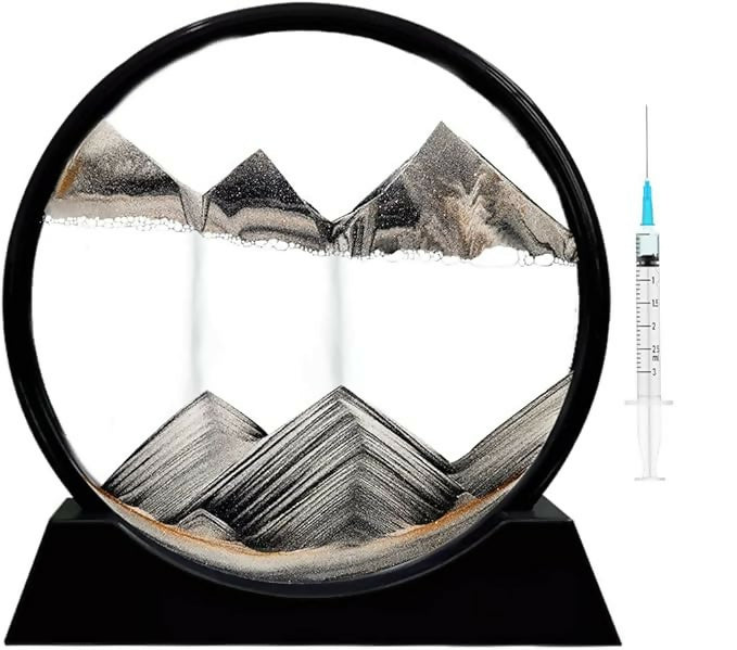 Moving Sand Art Table Decor – Black Round Glass Flowing Sand Frame with Dynamic Landscape Design, Relaxation & Stress Relief Ornament for Home, Office, and Gifts