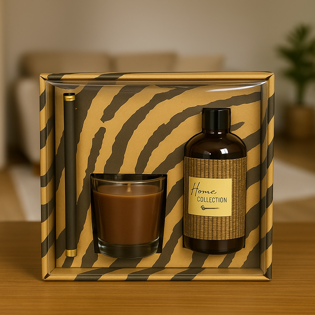 "Luxury Home Collection Gift Set with Scented Candle and Reed Diffuser – Elegant Aromatherapy Kit for Relaxation & Decor – Brown Amber Jar & Fragrance Bottle in Designer Zebra Box – Ideal for Home, Office, Gifting"