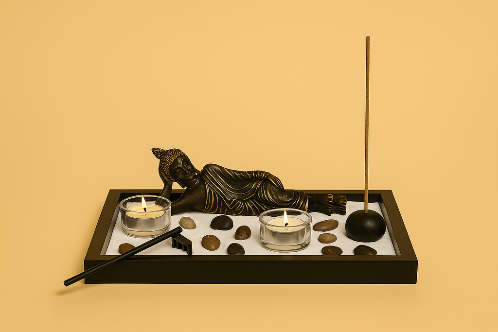 Mini Zen Garden with Reclining Buddha Statue – Aromatherapy Decor Set with Sand, Stones, Candle Holders & Incense Stand – Relaxation Gift for Mindfulness