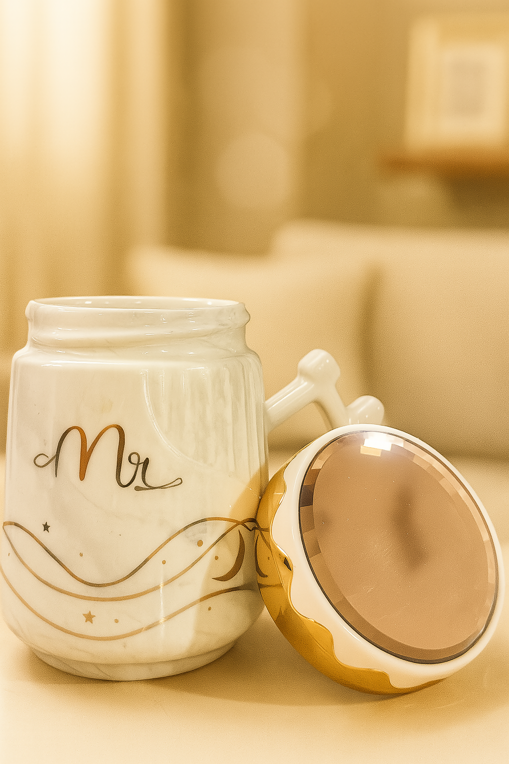 Luxury Ceramic "Mr." Mug with Crown Lid & Mirror | White Marble Finish with Gold Accents | Heart Handle Coffee/Tea Cup for Men – Gift for Husband, Fiancé, Boyfriend