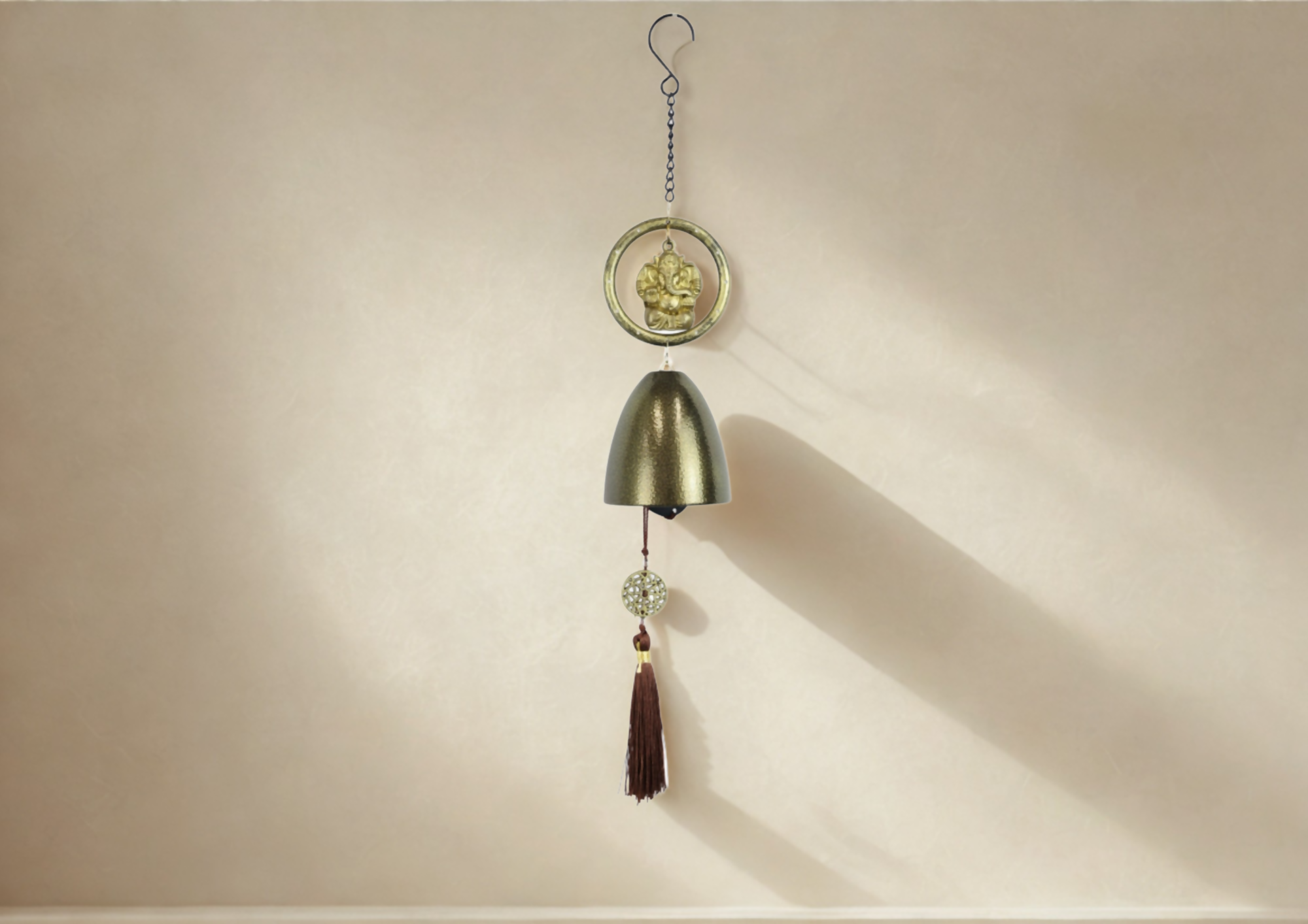 Decorative Brass Wind Chime with Lord Ganesha Idol – Hanging Metal Bell for Positive Energy, Vastu, and Home Entrance Decor – Traditional Indian Door Hanging for Festive, Spiritual, or Gift Use