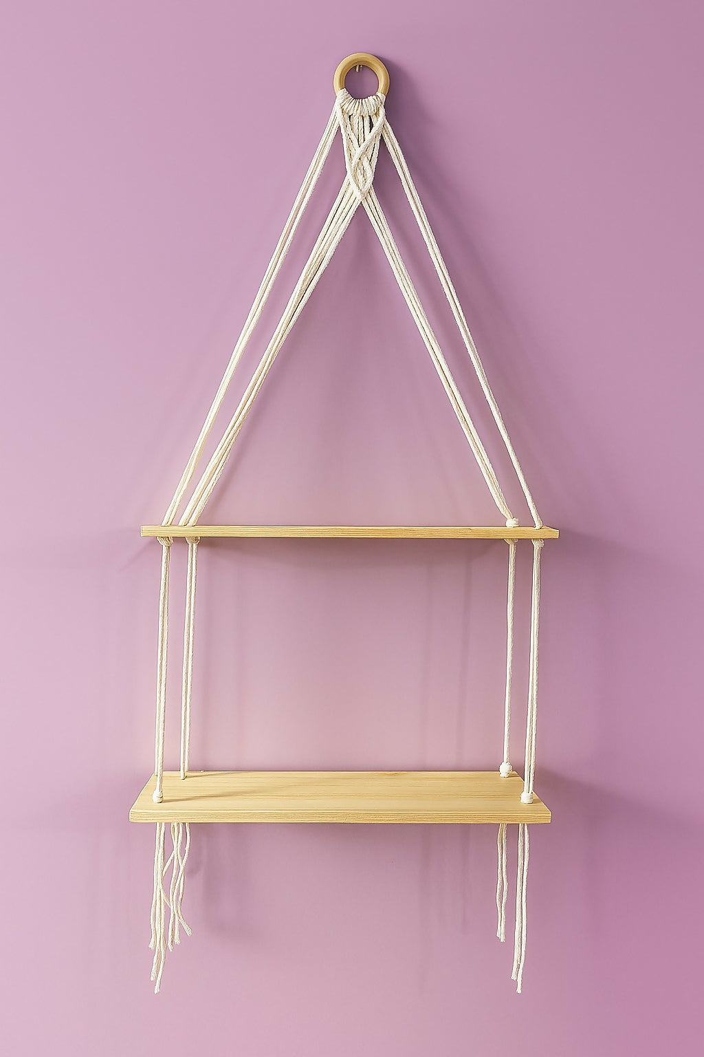 HOME DECOR Handcrafted 2-Tier Macrame Hanging Shelf with 5 Artificial Bonsai Plants – Boho Wall Mounted Wooden Rope Planter for Balcony, Living Room, Garden & Indoor Home Décor