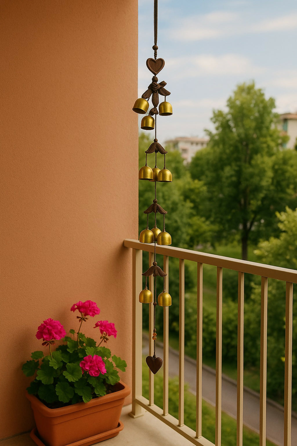 Handcrafted Brass Bell Wind Chime for Home Décor – Ethnic Hanging Bells with Heart Motif – Metal Wind Chimes for Balcony, Door, Living Room, Meditation Space & Positive Vibes