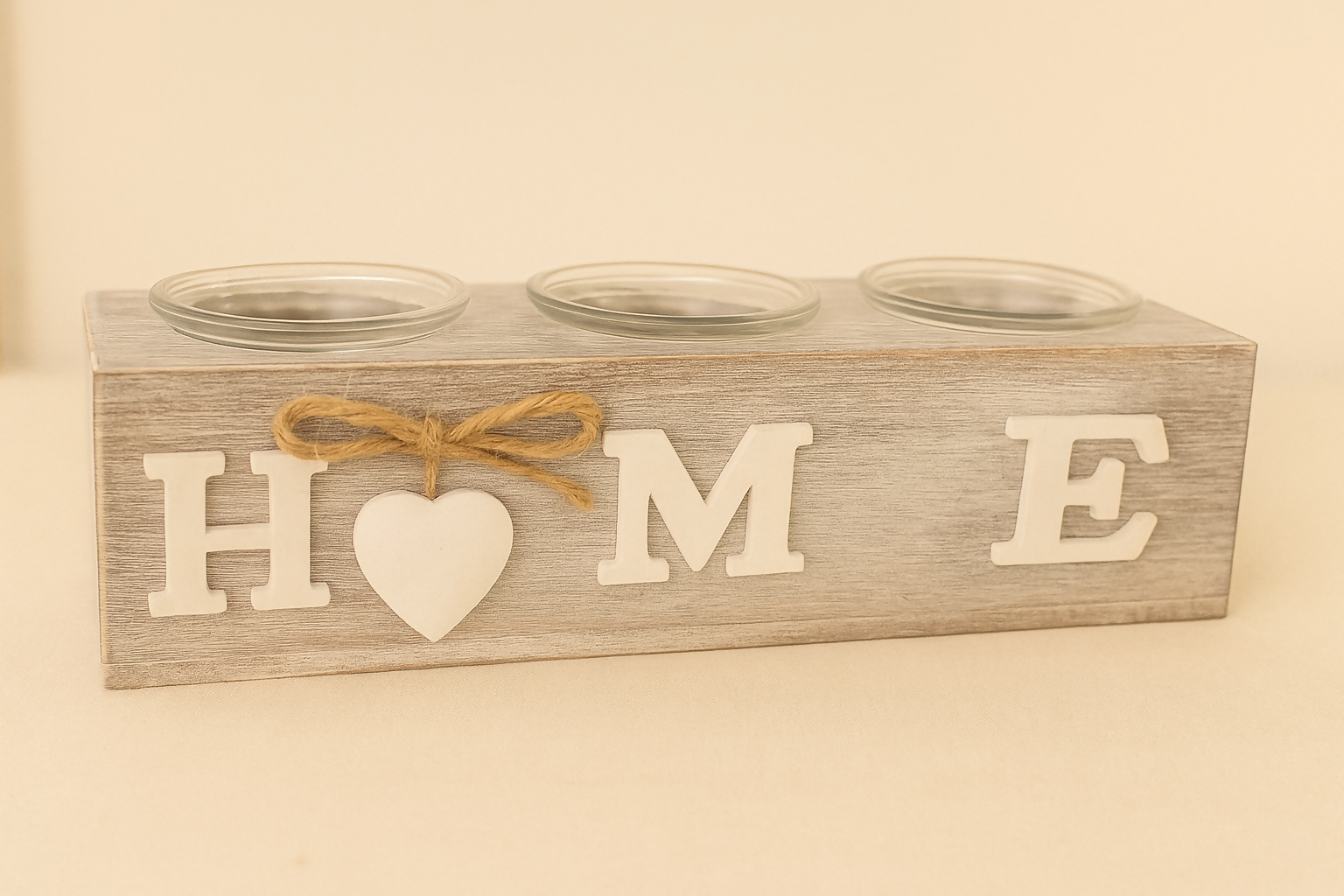 Rustic Wooden 'HOME' Tealight Candle Holder with Glass Cups – Farmhouse Style Decorative Centerpiece with Jute Bow and Heart Accent – Tabletop Decor for Living Room, Entryway, Mantel, or Housewarming Gift 3 candles