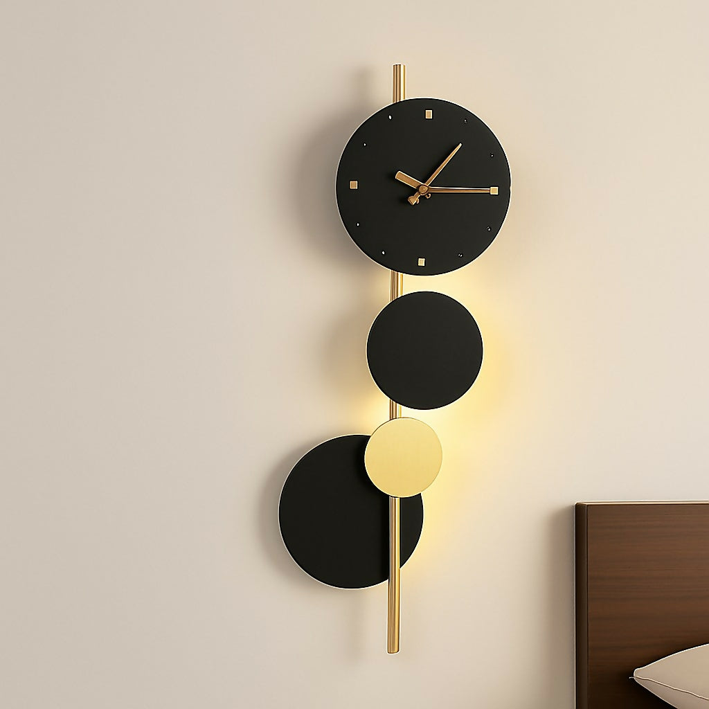 HOME DECOR Luxury Modern Geometric Wall Clock with Black and Gold Minimalist Circles – Vertical Designer Wall Clock for Bedroom, Living Room, Office & Hallway – Silent Non-Ticking Quartz Movement
