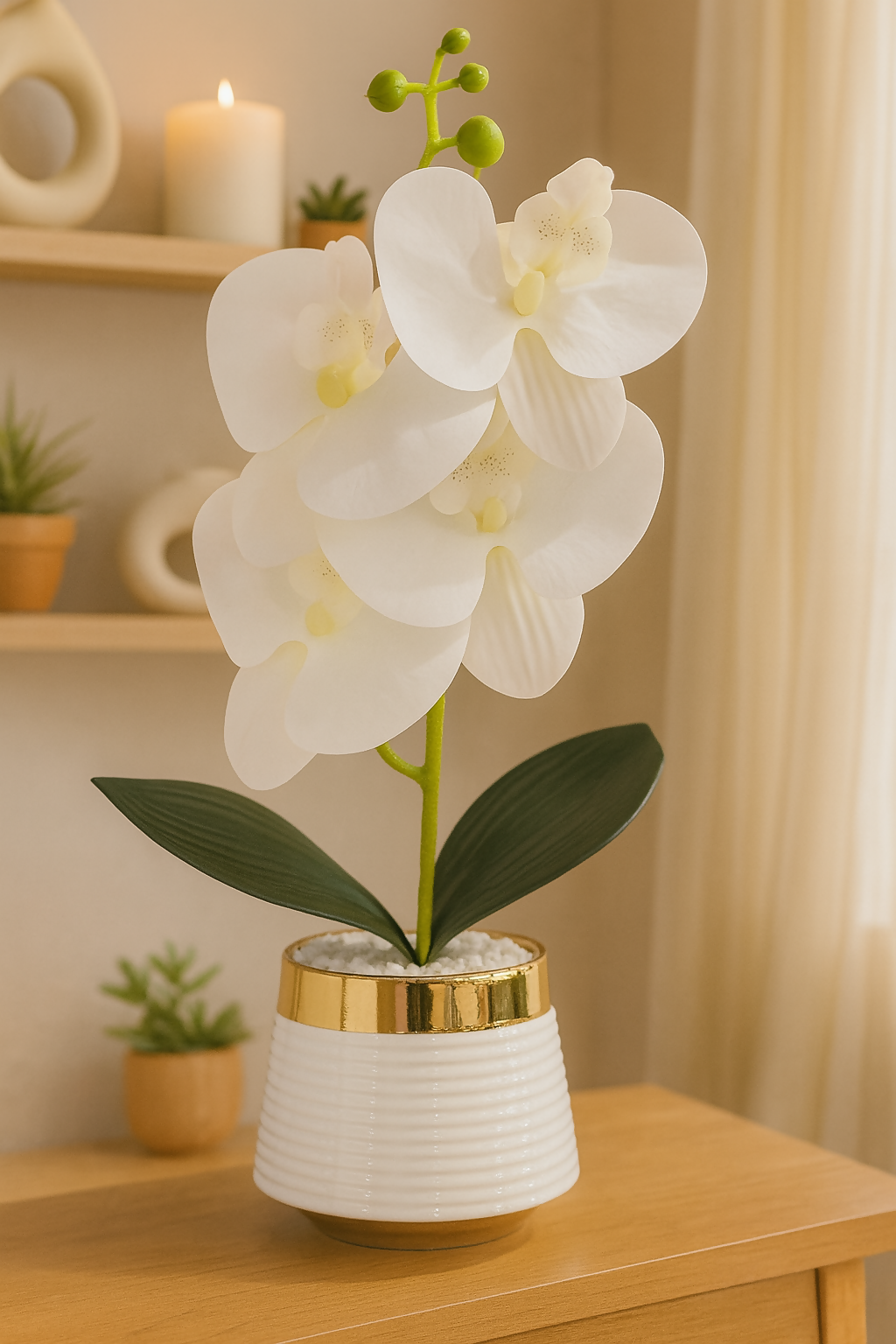 Elegant Artificial White Orchid Flower Plant with Ceramic Pot – Faux Orchid Arrangement with White Pebbles for Home, Office, Living Room, Tabletop & Gifting