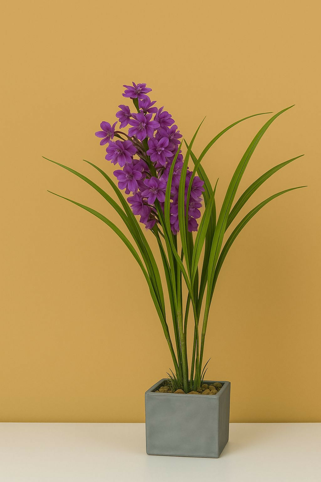 HOME DECOR Artificial Pink Flower Plant with Green Leaves in Grey Pot – Realistic Faux Floral Arrangement for Home, Office, Tabletop & Gifting – Decorative Indoor Plant for Modern Interiors