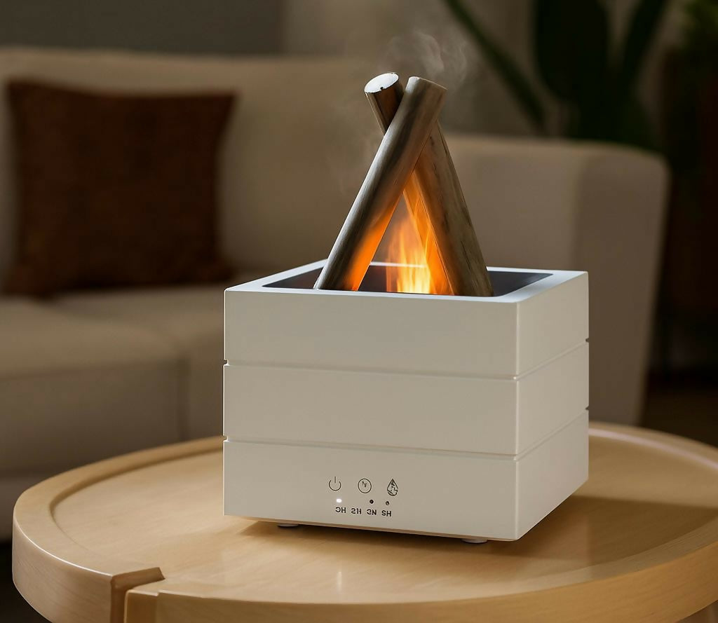 HOME DECOR White Square Campfire Style Flame Aroma Diffuser with Wooden Log Design – 280ml Ultrasonic Essential Oil Diffuser & Humidifier with Colorful Lights, Timer Settings & Auto Shut-Off