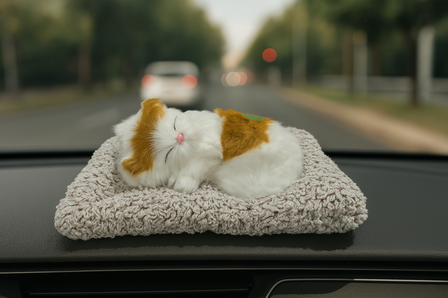 Realistic Plush Sleeping Cat Figurine for Car Dashboard & Home Decor – White and Orange Faux Kitten with Fluffy Bed – Lifelike Stuffed Animal Gift for Cat Lovers