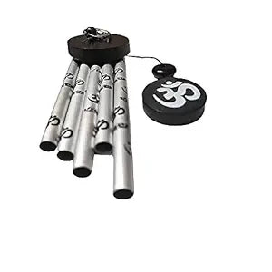 Spiritual Om Wind Chime with Metallic Pipes – Sacred Sound Feng Shui Wind Bell for Positive Energy, Home Decor, Balcony, Garden, or Meditation Room – Silver and Black Hanging Chime with 'Om' Symbol