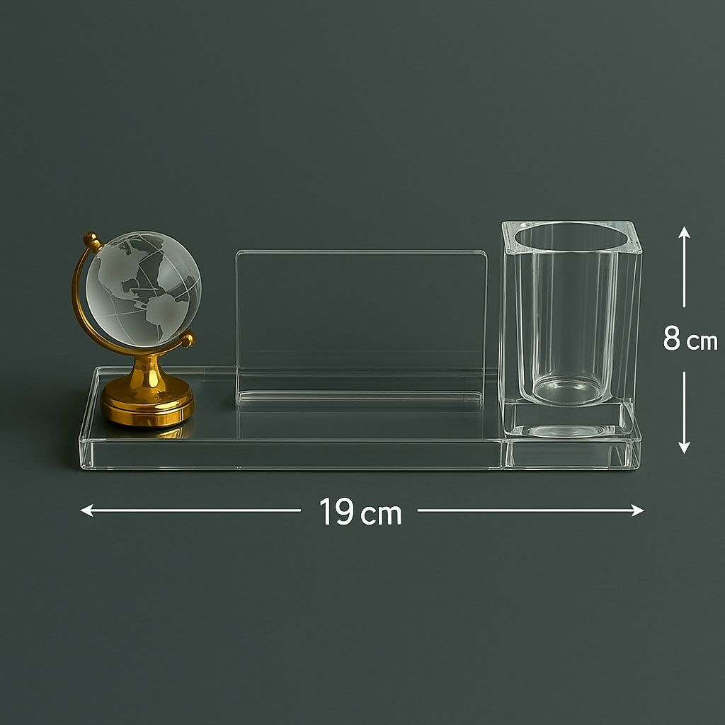 Premium Glass Desktop Organizer Set with Crystal Globe, Card Holder & Pen Stand – Elegant Office Table Décor & Gift Item