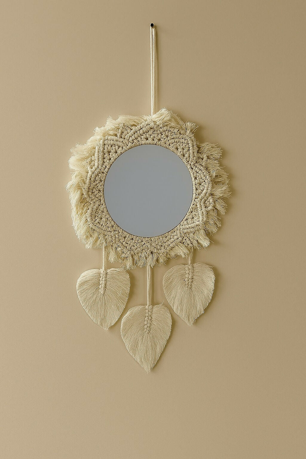 HOME DECOR Boho Macrame Wall Hanging Mirror with Leaf Tassels – Handmade Cotton Decorative Mirror for Living Room, Bedroom, Entryway, or Bohemian Home Decor Accent