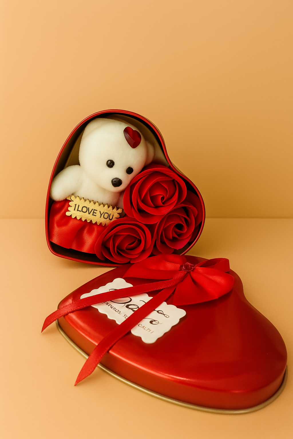 Romantic Heart-Shaped Gift Box with Teddy Bear, Artificial Roses & “I Love You” Wooden Tag – Red Valentine Gift Hamper for Girlfriend, Wife, Anniversary or Birthday – Cute Love Decorative Gift Pack