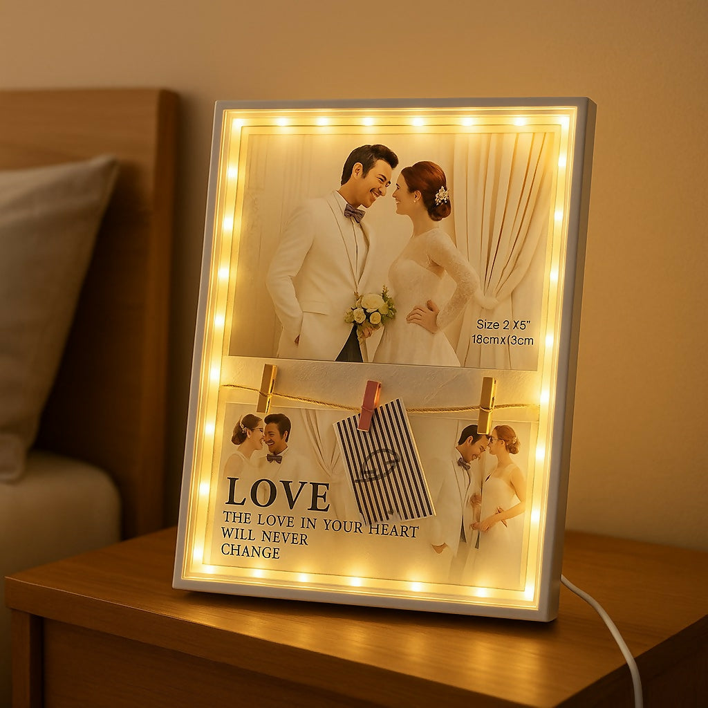 LED Rectangle Photo Frame with Warm Golden Glow | Decorative Light-Up Picture Frame for Couples | Wedding, Anniversary, Valentine’s Day & Home Décor Gift