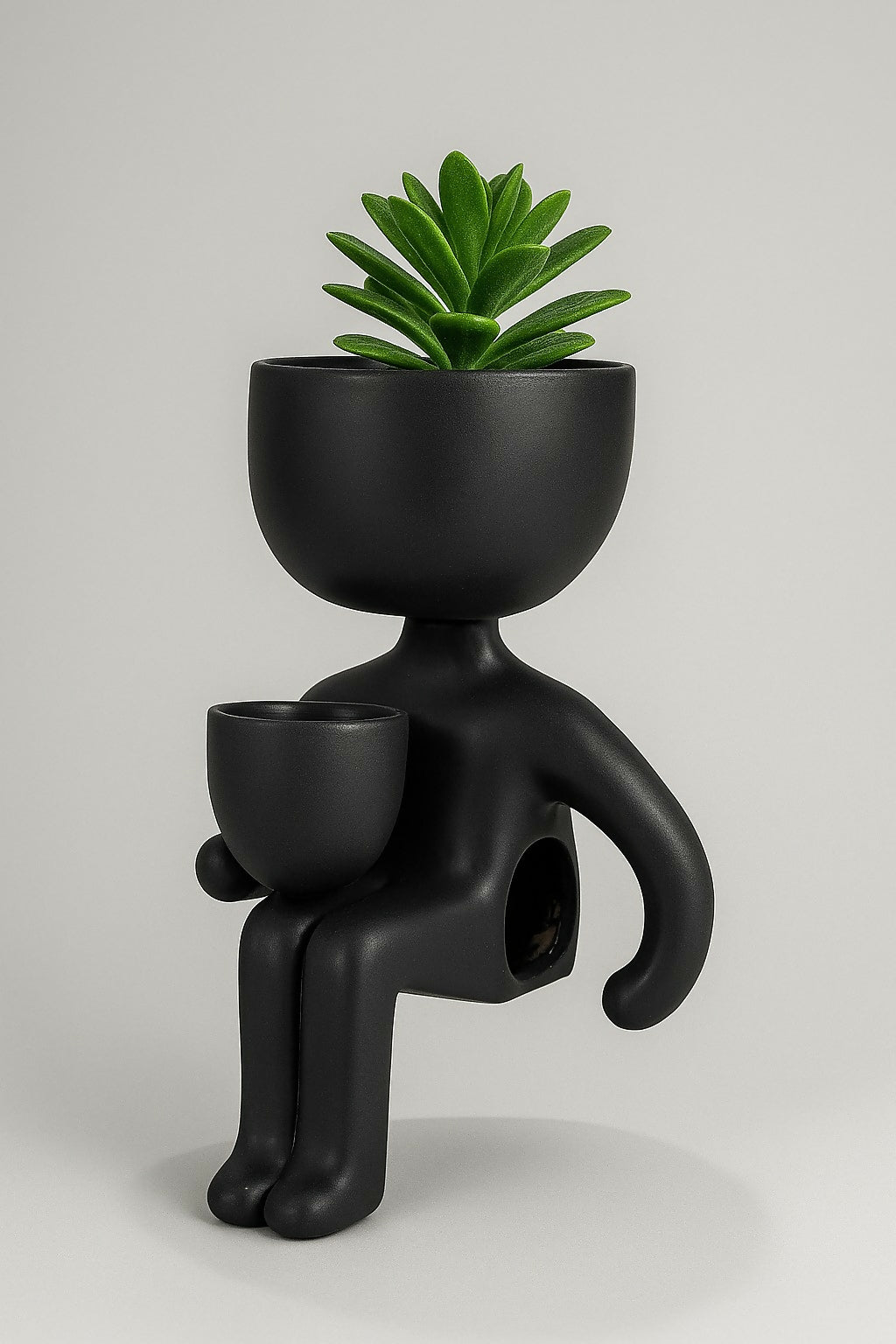 HOME DECOR Modern Black Human Figurine Dual Planter Pot – Quirky Sitting Man Resin Planter with Head & Hand Pots for Succulent & Flower Display – Home Decor Accent for Living Room, Office, or Gifting (Matte Black Finish)