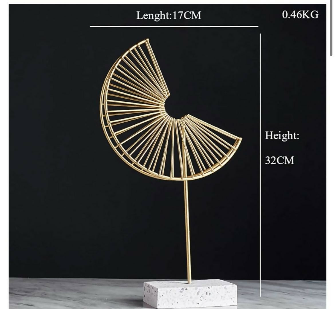 HOME DECOR Modern Golden Metal Geometric Fan Sculpture with Marble Base | Abstract Spiral Decorative Showpiece for Home, Office, or Living Room – Contemporary Art Decor Piece