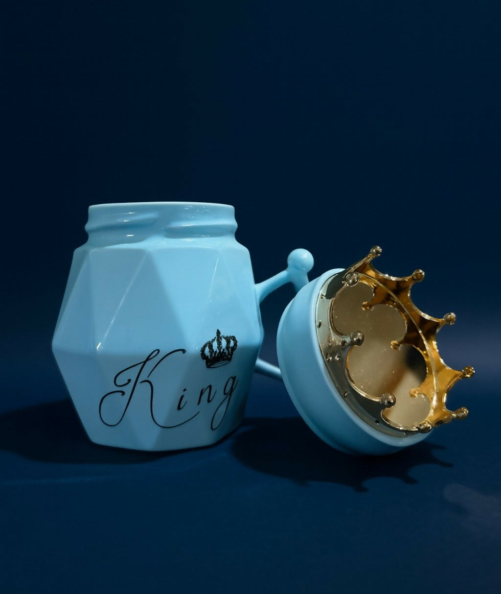 King Crown Ceramic Mug with Lid – Royal Blue Coffee Mug for Men with 3D Crown Lid & Designer Handle | Gift Mug for Husband, Boyfriend, Boss & Friends | Premium Diamond Cut Tea Cup