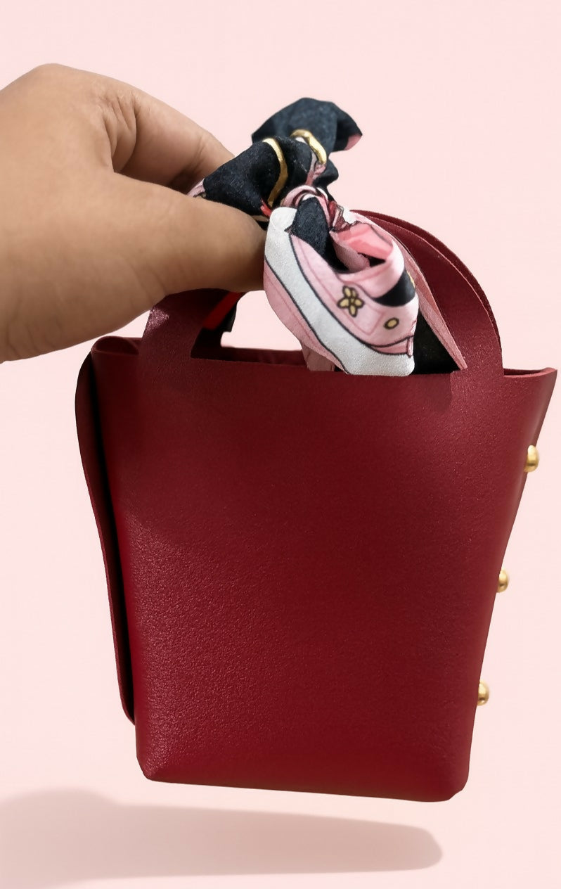 Premium Maroon PU Leather Mini Gift Pouch with Printed Satin Bow & Gold Rivets | Stylish Candy Bag, Jewelry Storage Box, Return Gift for Women & Girls