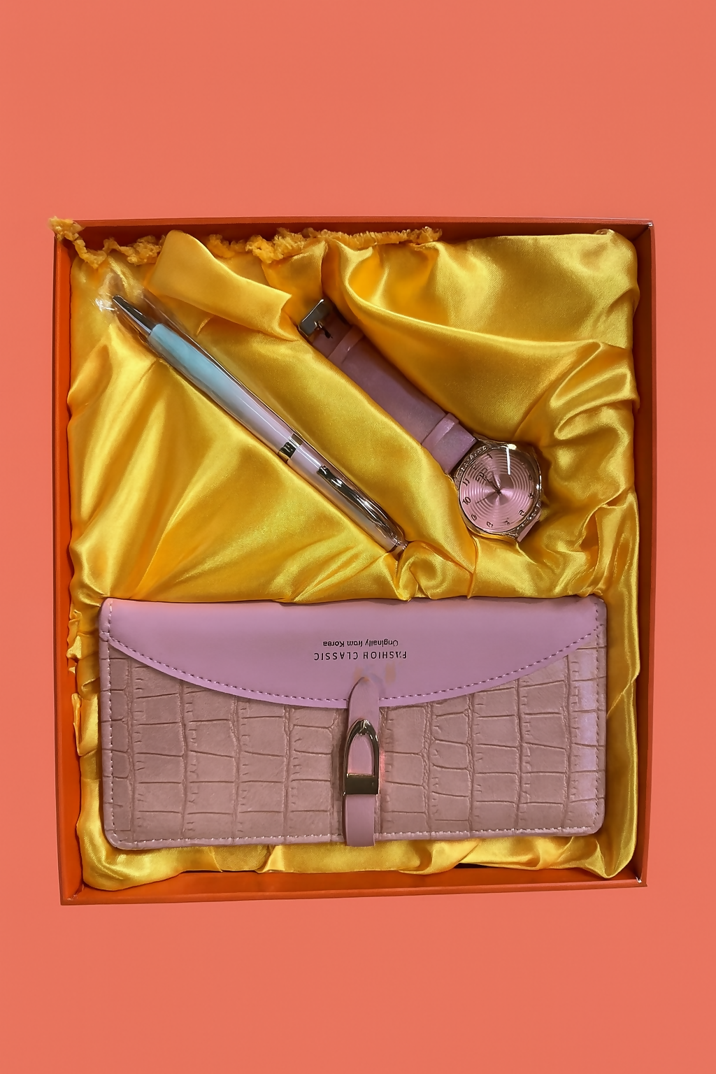 Luxury Gift Set for Women – Pink Wallet, Elegant Watch & Gradient Pen in Orange Gift Box | Stylish Birthday, Anniversary & Festive Gift Combo