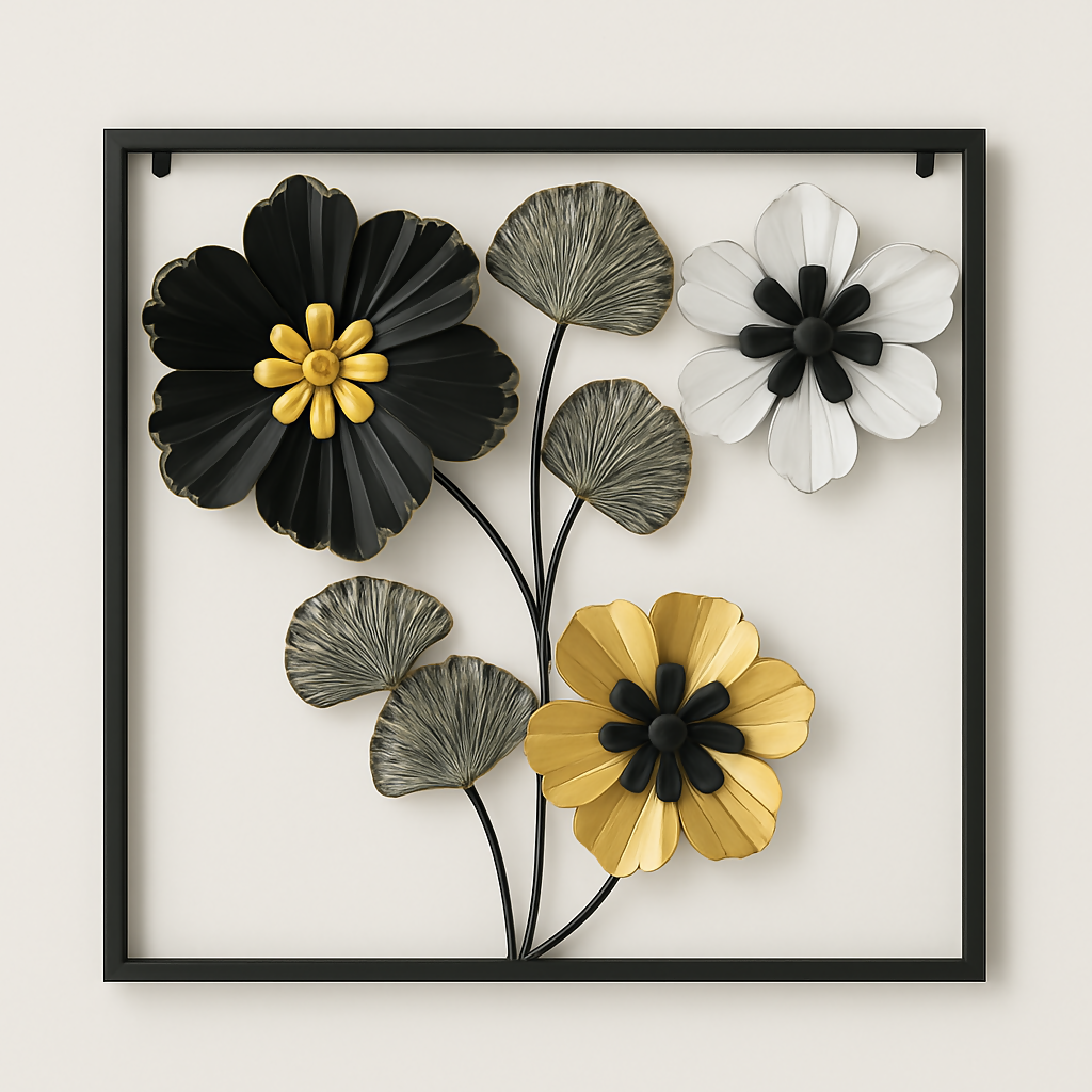 HOME DECOR Elegant Metal Floral Wall Art – Black, Gold & White 3D Flower Frame Décor