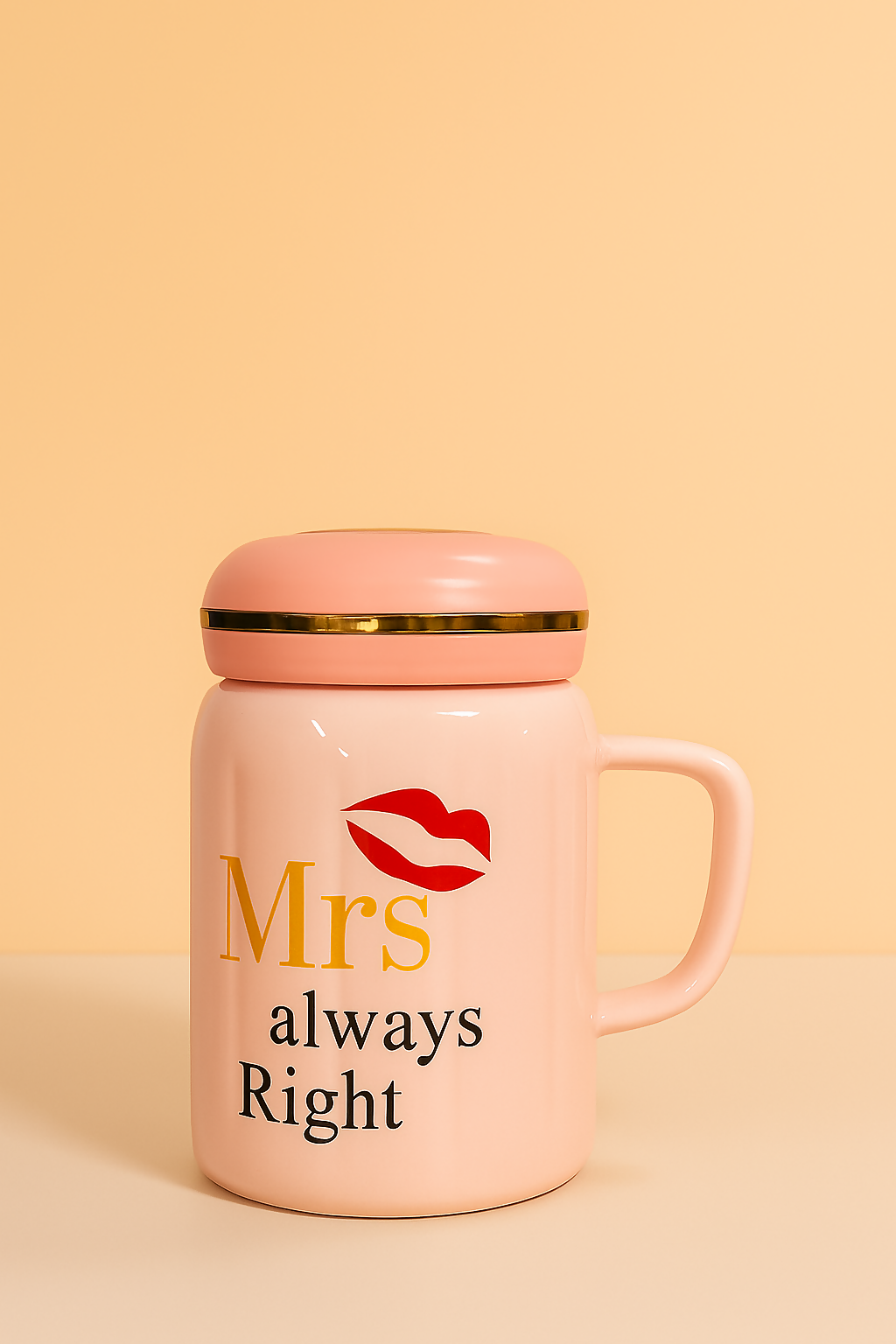 Mrs Always Right Ceramic Mug with Lid – Pink Glossy Coffee Mug with Golden Accent and Red Lips Print – 350ml Stylish Gift Mug for Wife, Girlfriend, or Her