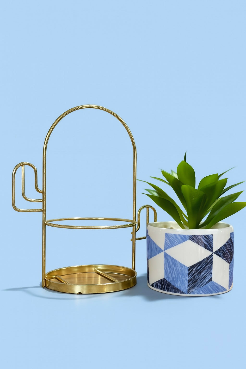 Geometric Pattern Ceramic Planter with Artificial Plant and Golden Metal Stand – Indoor Tabletop Home Decor Pot for Living Room, Office, and Gifting