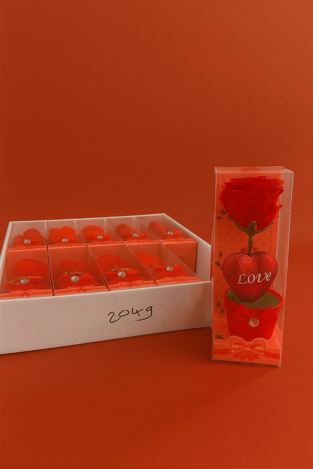 Set of 10 Artificial Red Rose with Glitter Heart "Love" Base and Bow – Romantic Gift Box Showpieces for Valentine’s Day, Return Gifts, Anniversary, Wedding Favors & Home Decoration