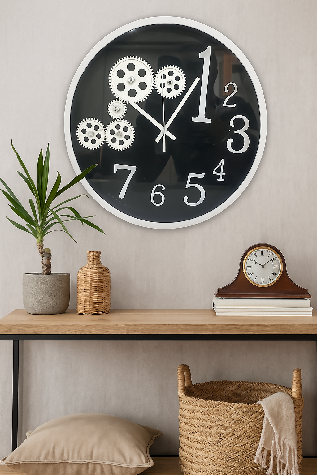 Modern Industrial Gear-Themed Wall Clock – Oversized Round Black & White Decorative Clock with 3D Mechanical Cog Design – Stylish Statement Timepiece for Living Room, Office, or Studio