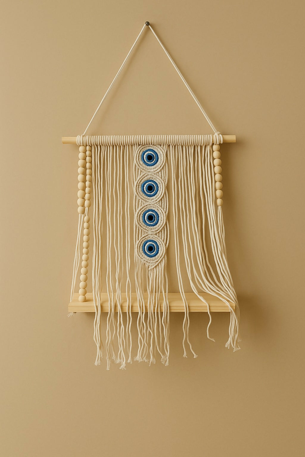HOME DECOR Handmade Macrame Wall Hanging Shelf with Evil Eye Design and 2 Artificial Bonsai Plants – Bohemian Wooden Rope Planter for Home Décor, Living Room, Balcony & Gifting