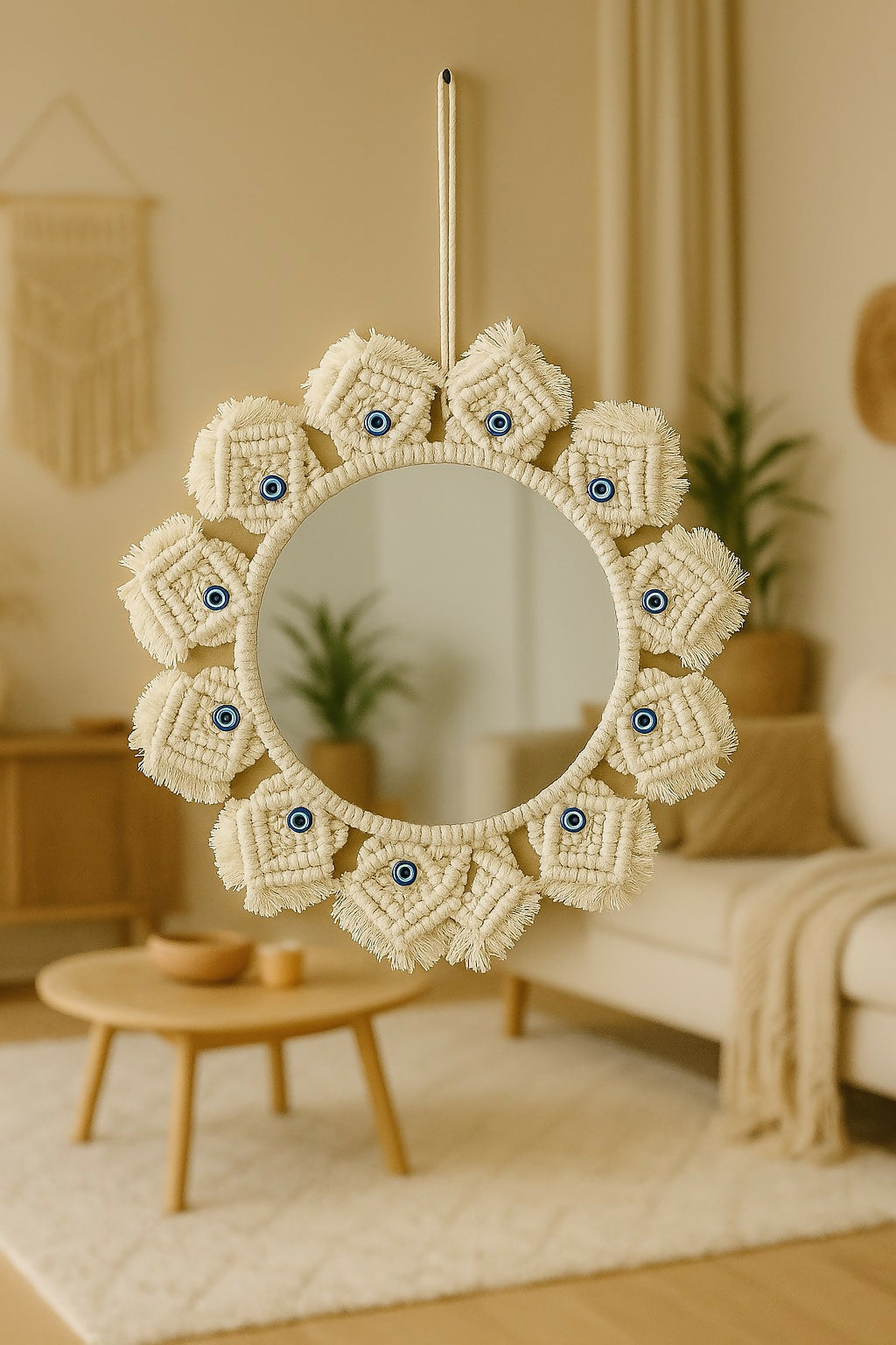 HOME DECOR Boho Macrame Wall Hanging Mirror with Evil Eye Accents – Handcrafted Cotton Rope Round Mirror for Home Decor, Living Room, Bedroom, Entryway – Wall Mounted Decorative Mirror