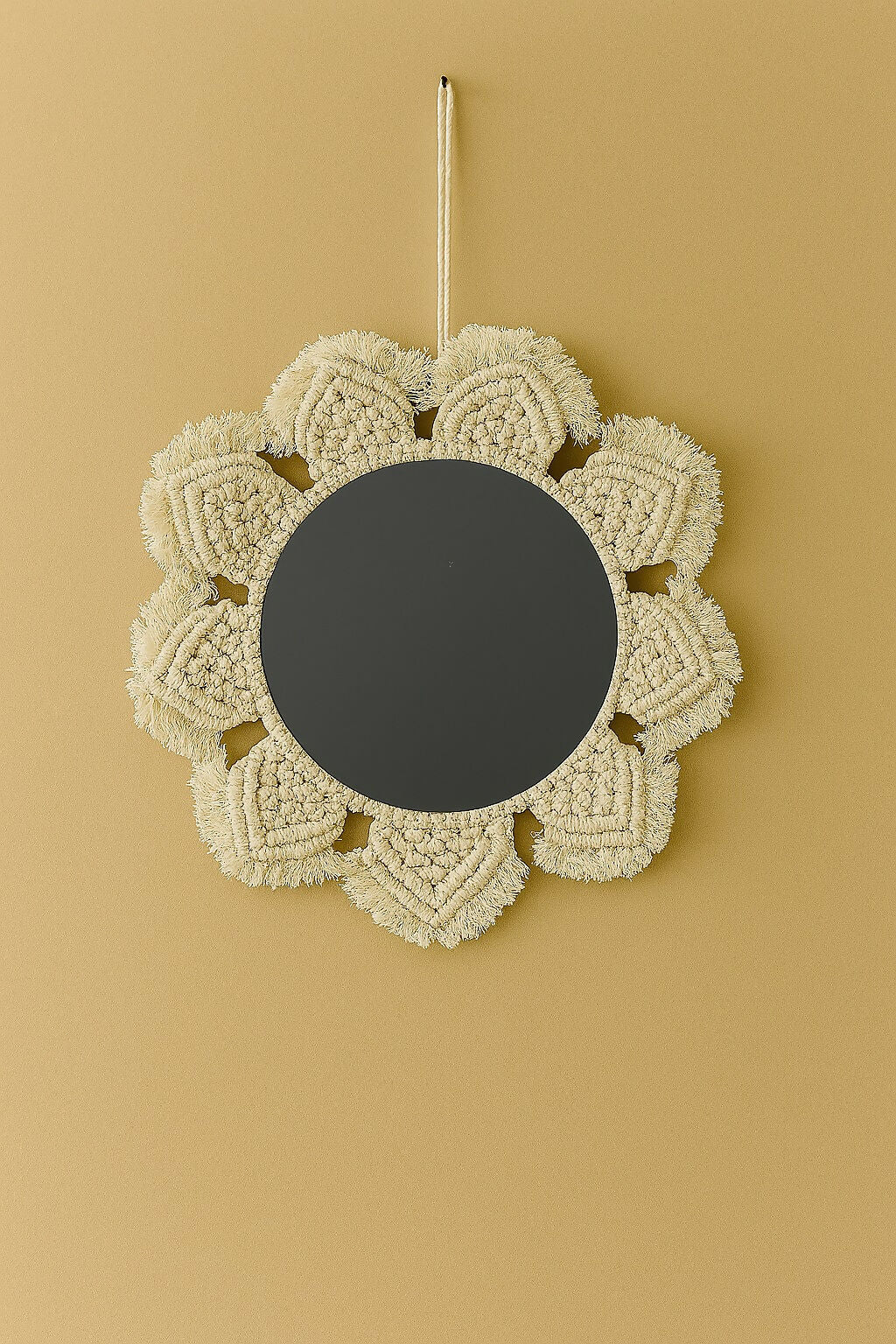 HOME DECOR Boho Macrame Wall Hanging Mirror with Evil Eye Accents – Handcrafted Cotton Rope Round Mirror for Home Decor, Living Room, Bedroom, Entryway – Wall Mounted Decorative Mirror