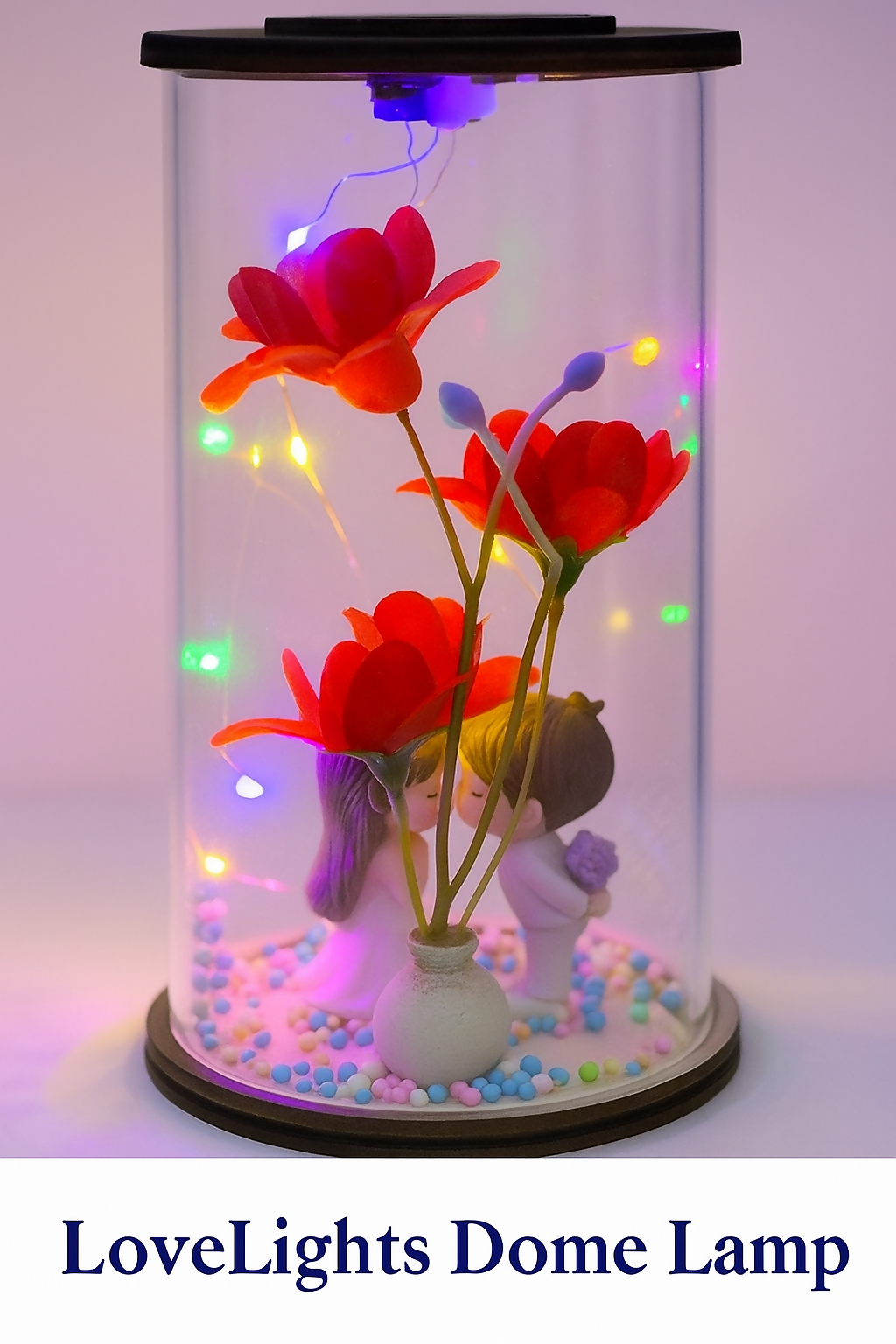 Dome Lamp – Romantic LED Glass Dome Night Light with Kissing Couple Figurine, Artificial Flowers & Colorful Beads – Decorative Valentine’s Day, Anniversary or Bedroom Gift for Couples
