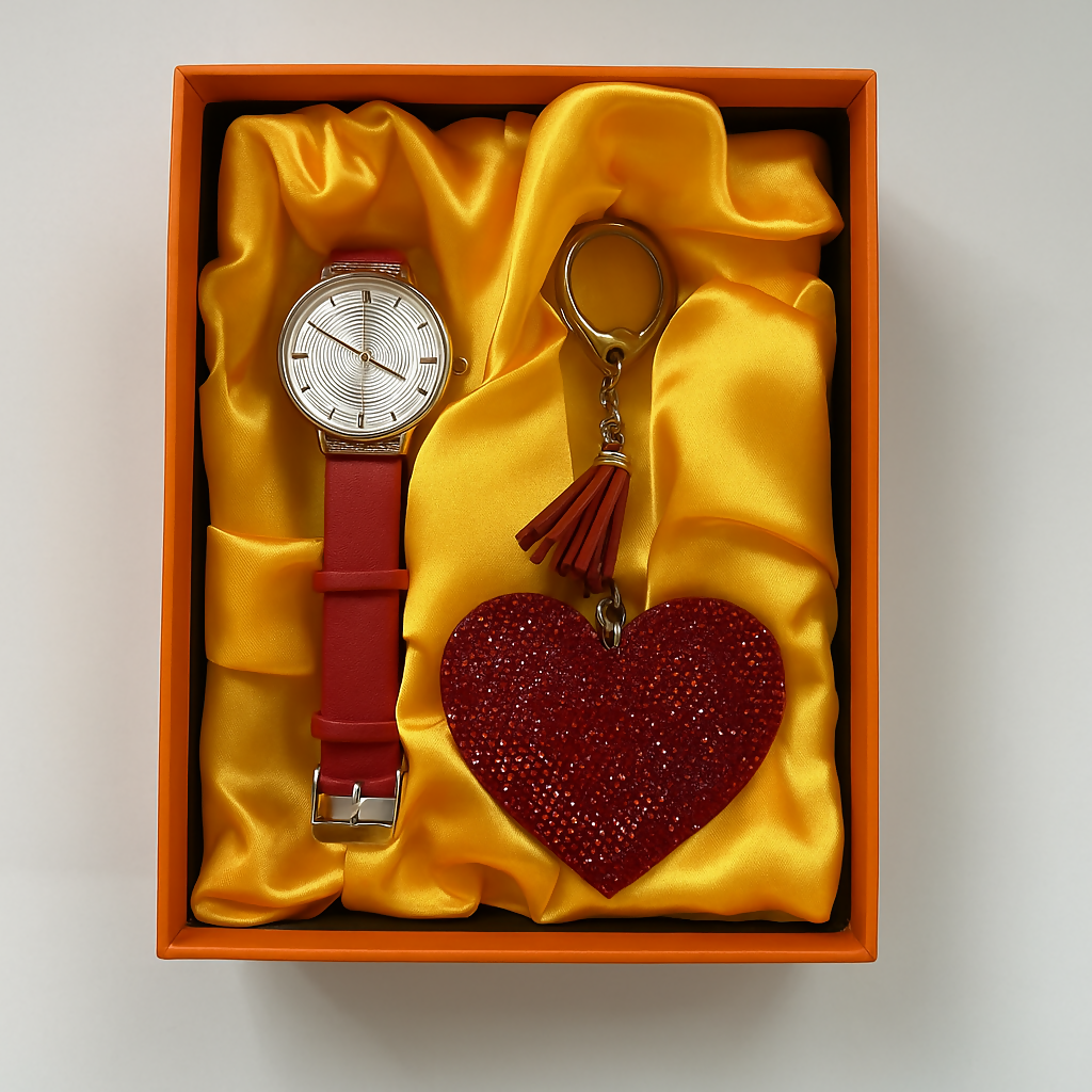 Luxury Red Gift Set for Women – Stylish Analog Wrist Watch with Matching Glitter Heart Keychain and Tassel Charm in Premium Orange-Gold Satin Box – Elegant Birthday, Anniversary, or Valentine’s Day Present